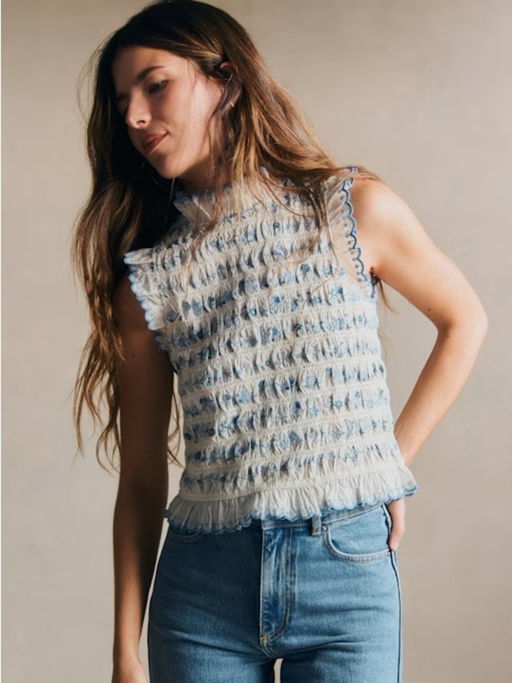 Sezane Samona Broderick Contrasted Bleu Fond Ecru size 36
